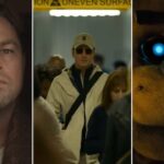 A split image of Leonardo DiCaprio from Killers of the Flower Moon, Michael Fassbender from The Killer, and a still of Freddy Fazbear from the Five Nights at Freddy's movie, three highly anticipated films releasing in October 2023