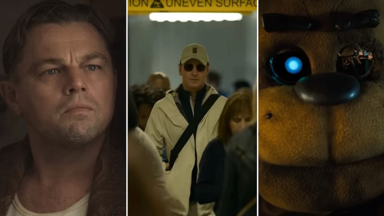 A split image of Leonardo DiCaprio from Killers of the Flower Moon, Michael Fassbender from The Killer, and a still of Freddy Fazbear from the Five Nights at Freddy's movie, three highly anticipated films releasing in October 2023