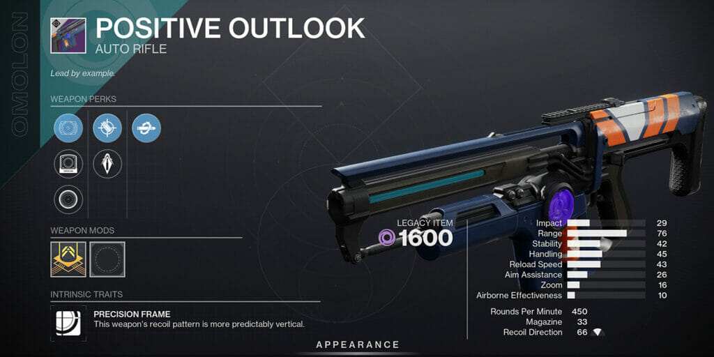 Positive Outlook God Rolls and Stats in Destiny 2
