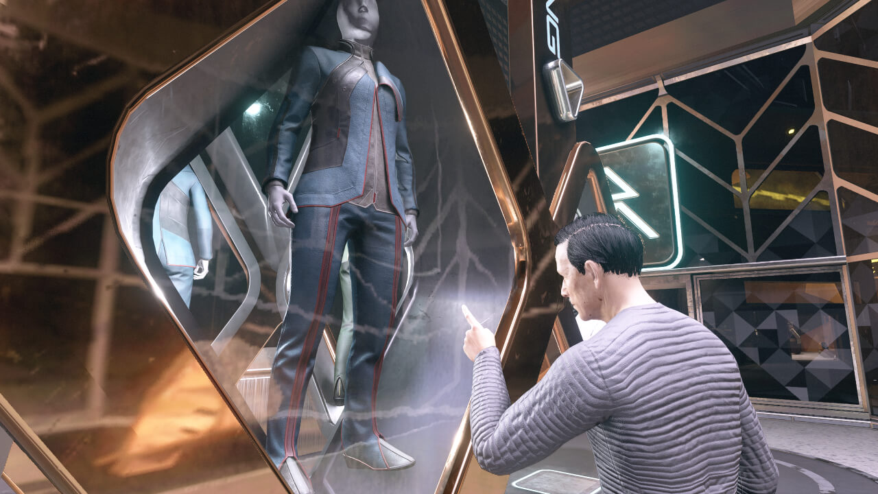 A man points at a mannequin in a shop in Starfield