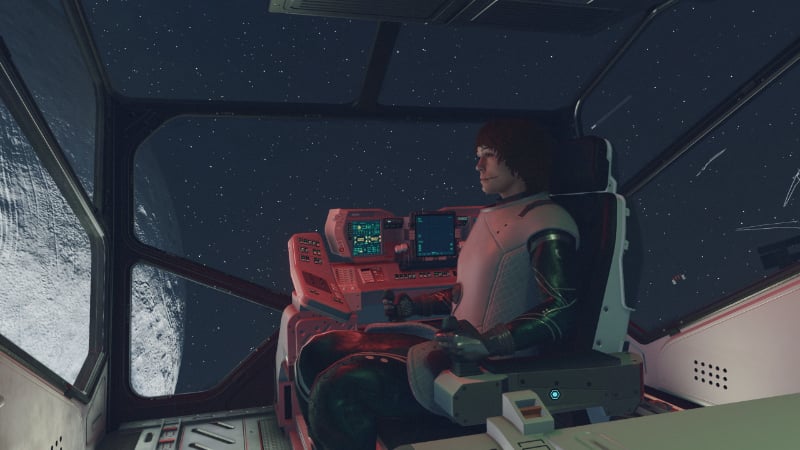 The main character piloting their ship in Bethesda's new sci-fi epic
