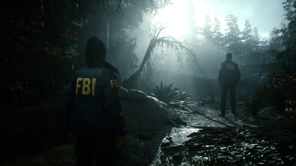 Saga and her FBI partner investigate a scene in Alan Wake 2