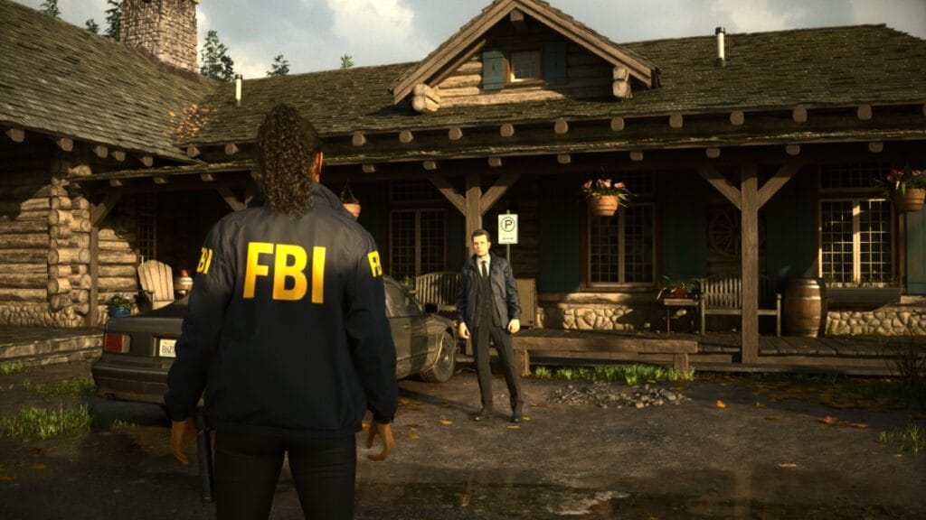 Saga and Casey stand outside a building in Alan Wake 2