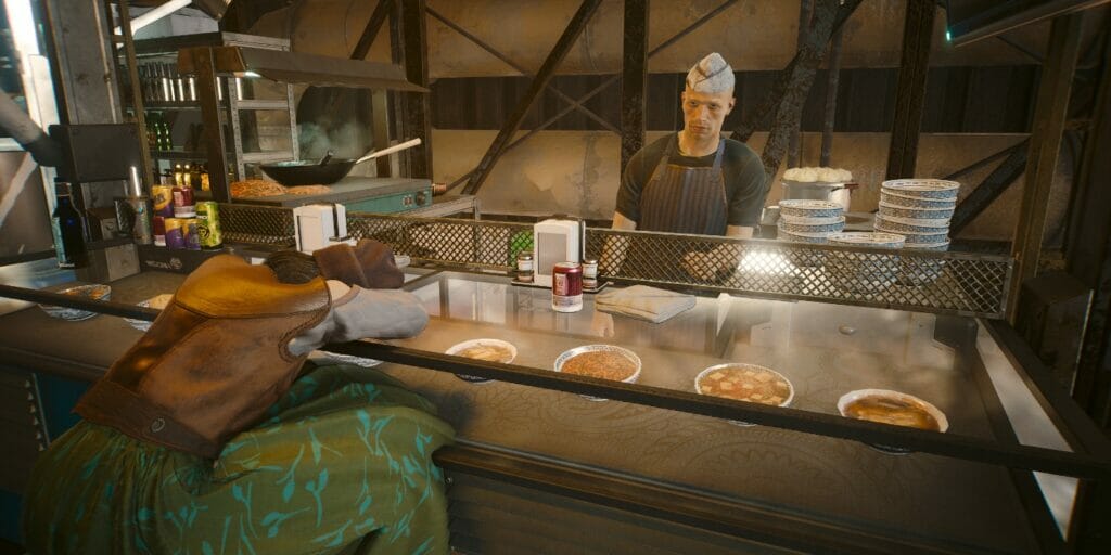 A food stall in CD Projekt Red's dystopian RPG, the predecessor of Projekt Orion