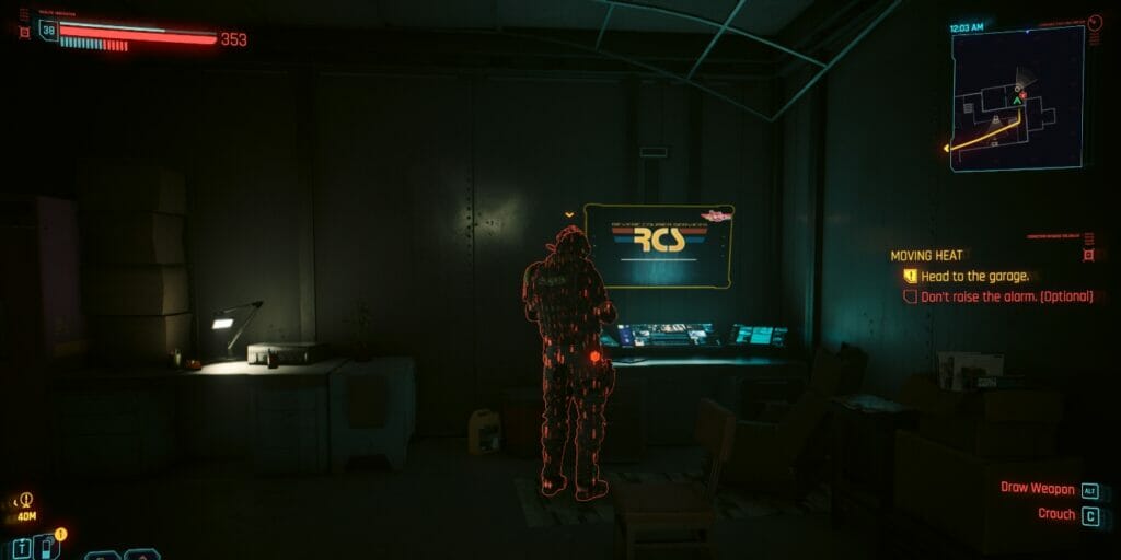 A guard with his back turned during the Moving Heat mission in Cyberpunk 2077