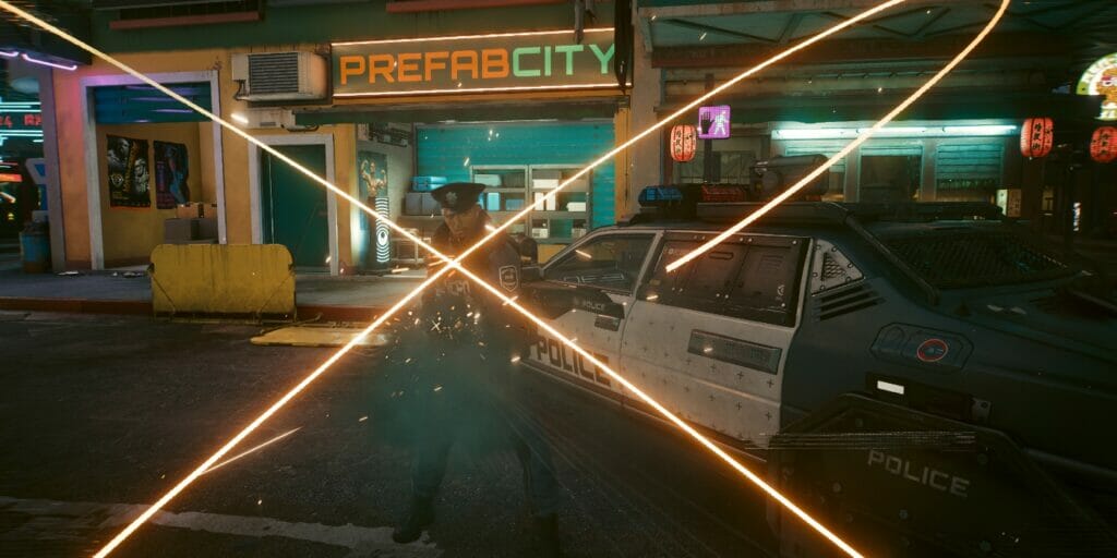 V uses her Monowire to slash an enemy in Cyberpunk 2077