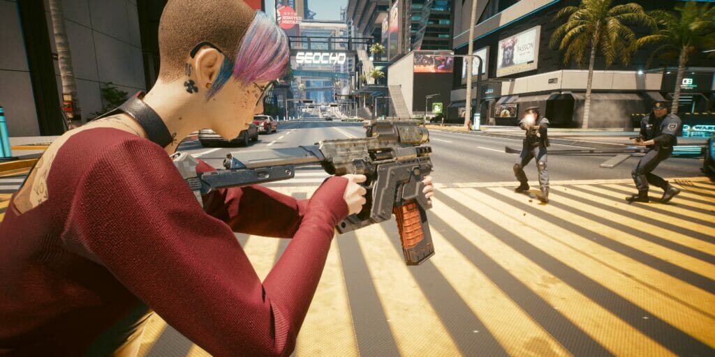 V aims their Smart Weapon in Cyberpunk 2077
