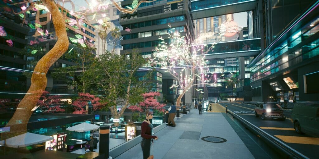 V stands beside some holotrees in the park in Cyberpunk 2077