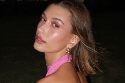 Hailey Bieber in pink outfit