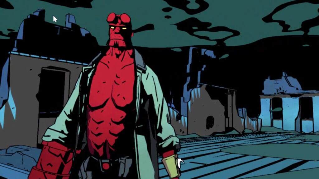 Hellboy stands in stormy weather in Hellboy: Web of Wyrd