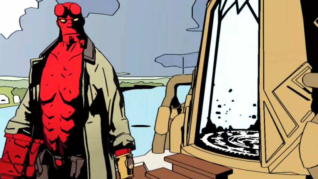 Hellboy stands beside the Transportation Device in Hellboy: Web of Wyrd