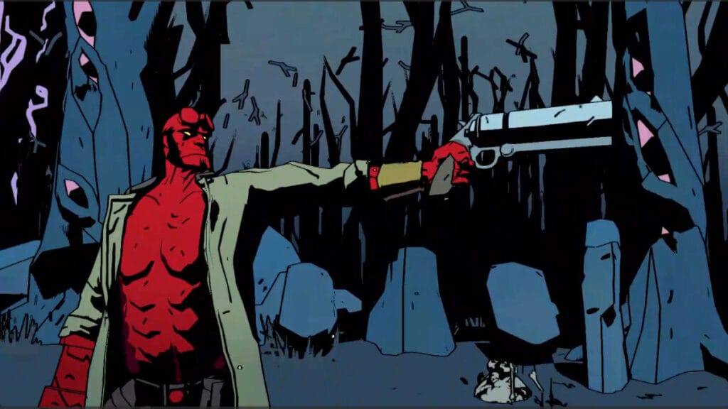 Hellboy aims his pistol in Hellboy: Web of Wyrd