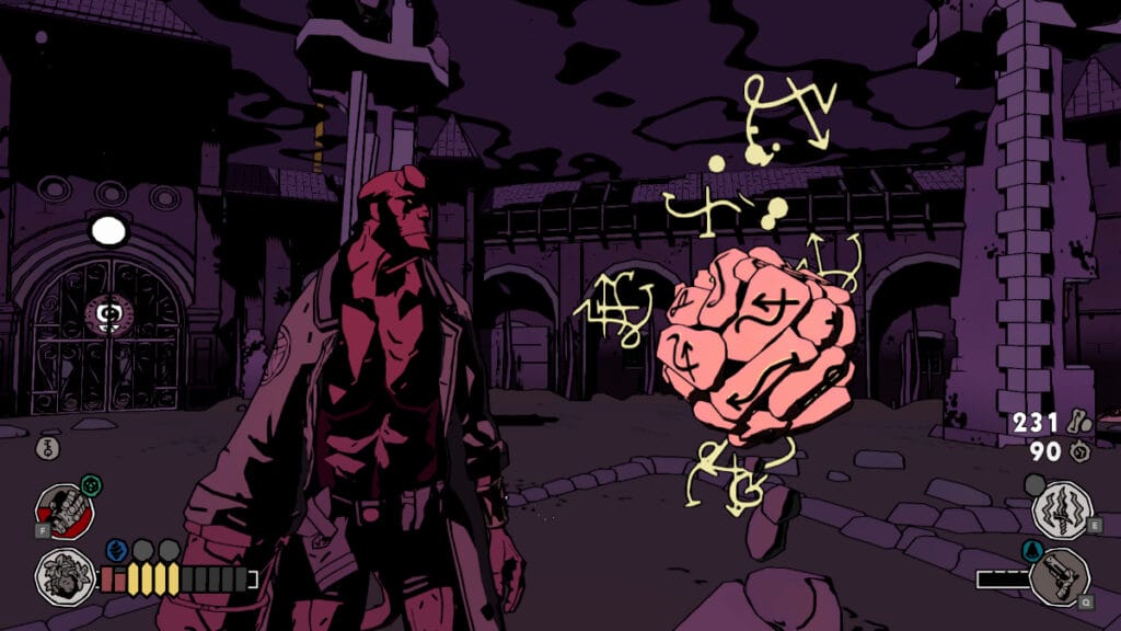 Hellboy stands beside a coin container in Web of Wyrd