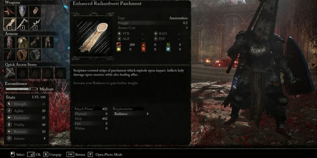 Enhanced Radiantburst Parchment, one of the best throwables in Lords of the Fallen