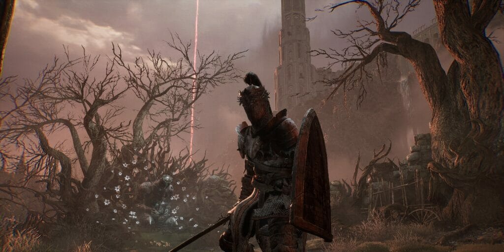 A Hallowed Knight poses before a castle in Lords of the Fallen