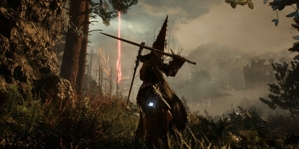 The Lampbearer stands in a forest in Lords of the Fallen