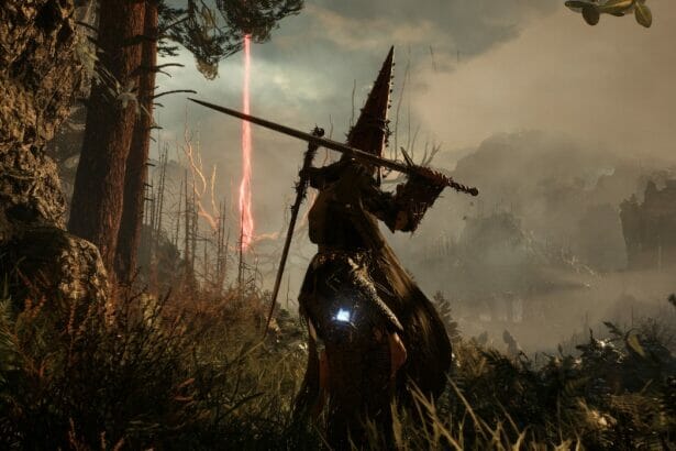 The Lampbearer stands in a forest in Lords of the Fallen