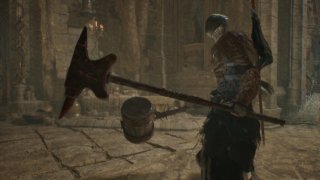 The Lampbearer posing with two Strength weapons in Lords of the Fallen