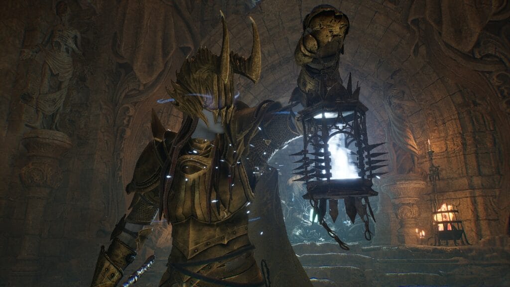 The Lampbearer holds aloft her Umbral Lamp in Lords of the Fallen