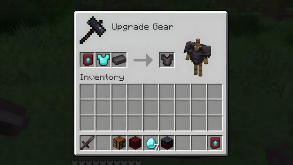 The player upgrades their armor to Netherite in Minecraft using a Template