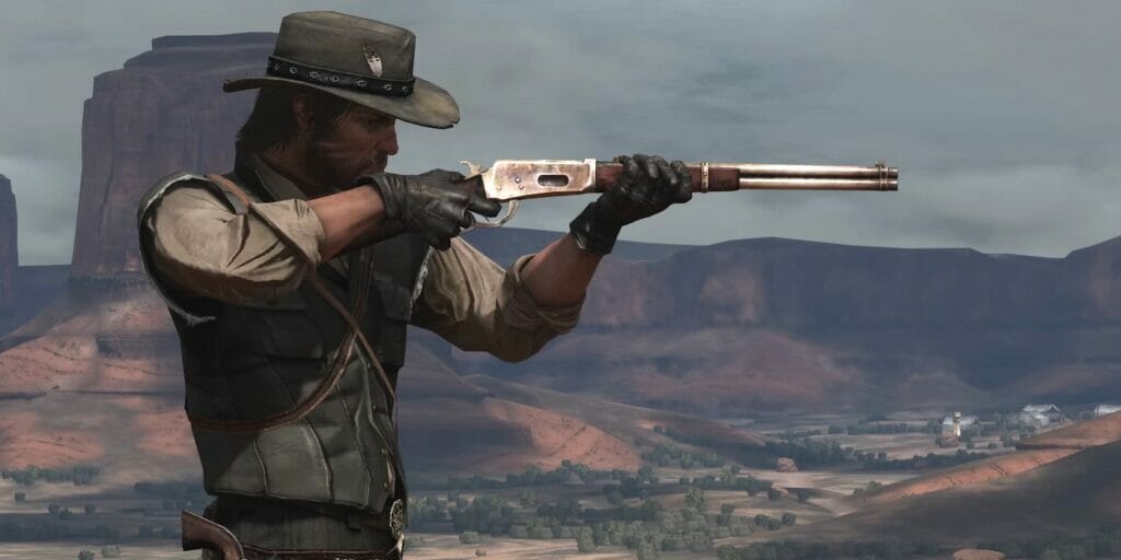 John Marston firing a gun in Red Dead Redemption