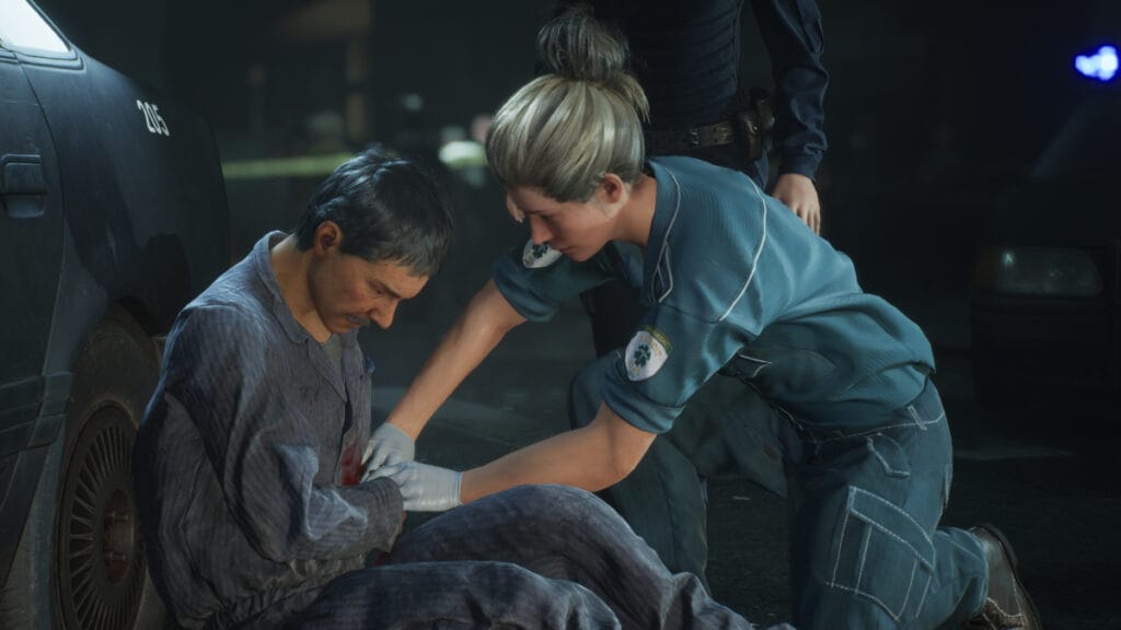 A paramedic treats the injured in RoboCop: Rogue City