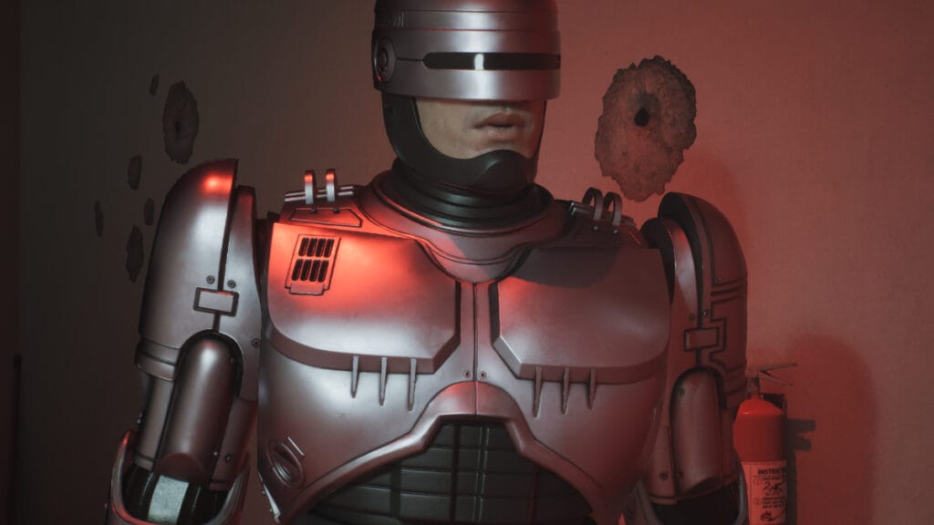 A close-up of RoboCop from Rogue City