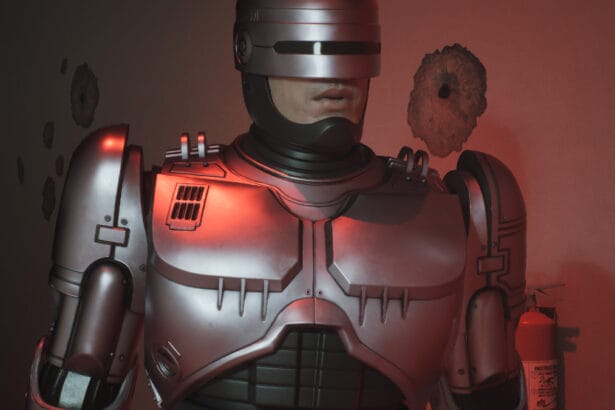 A close-up of RoboCop from Rogue City