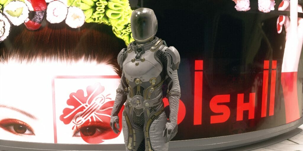 A bounty hunter poses in front of a sign in Starfield