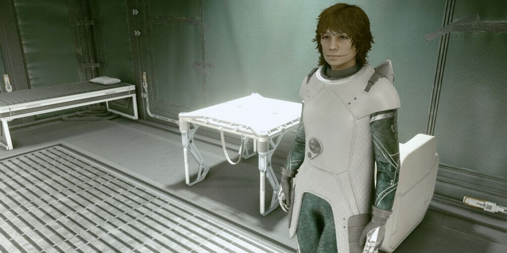 The main character stands in their outpost in Starfield