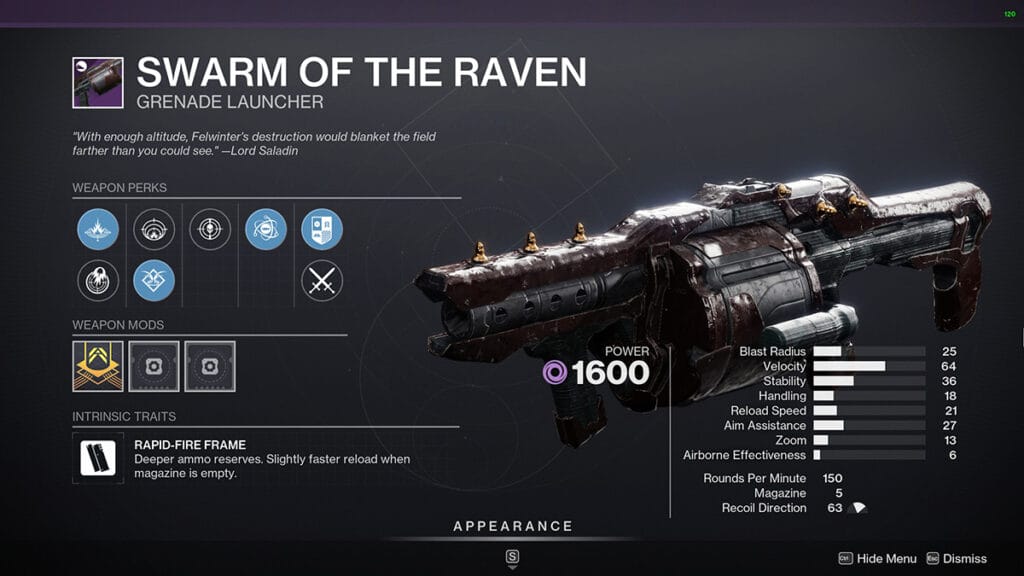 Destiny 2 Swarm of the Raven God Roll stats
