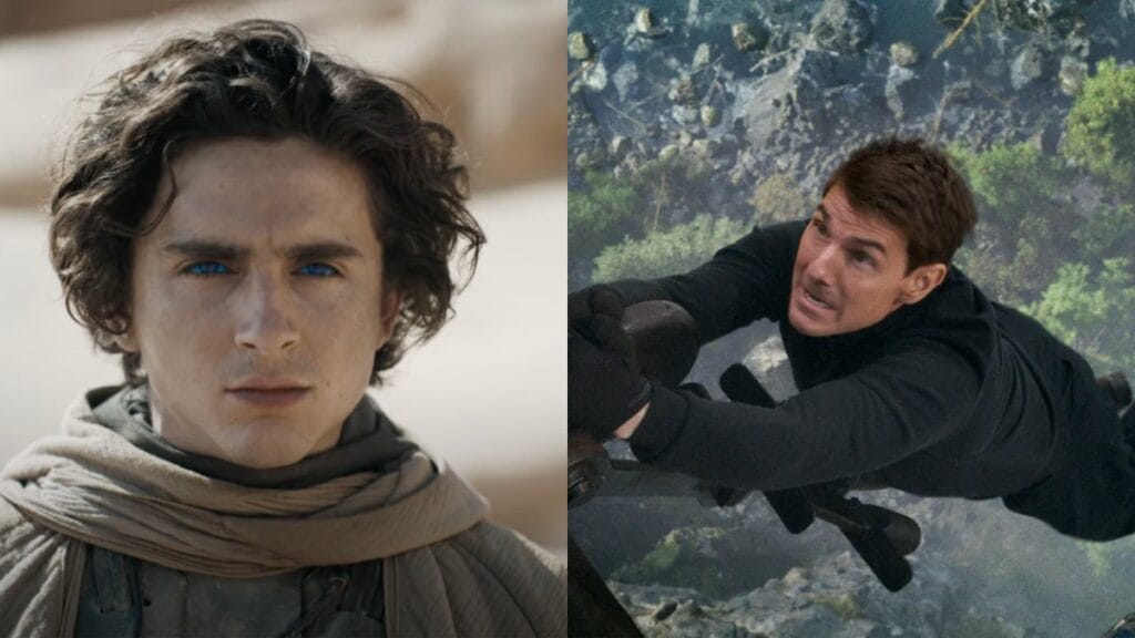 Timothée Chalamet in Dune 2, Tom Cruise in Mission: Impossible performing a stunt