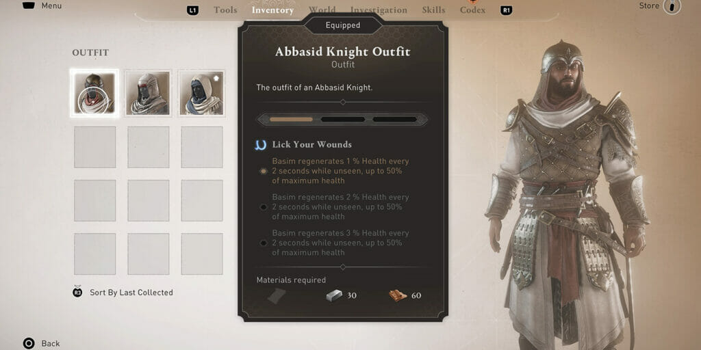 The Abbasid Knight outfit comes with the "Lick Your Wounds" perk.