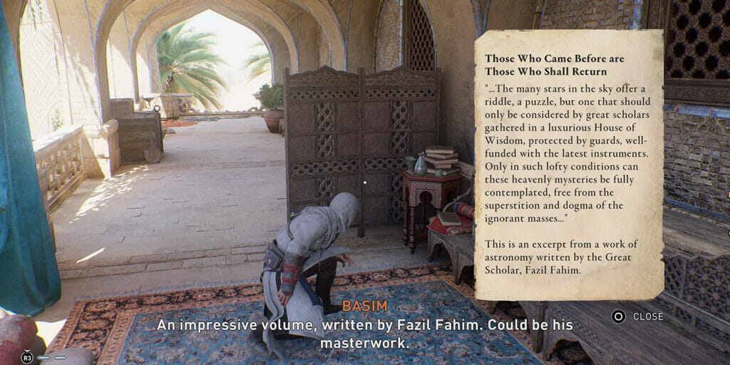 Interact with the lost book on Al-Rabisu's private reading balcony.