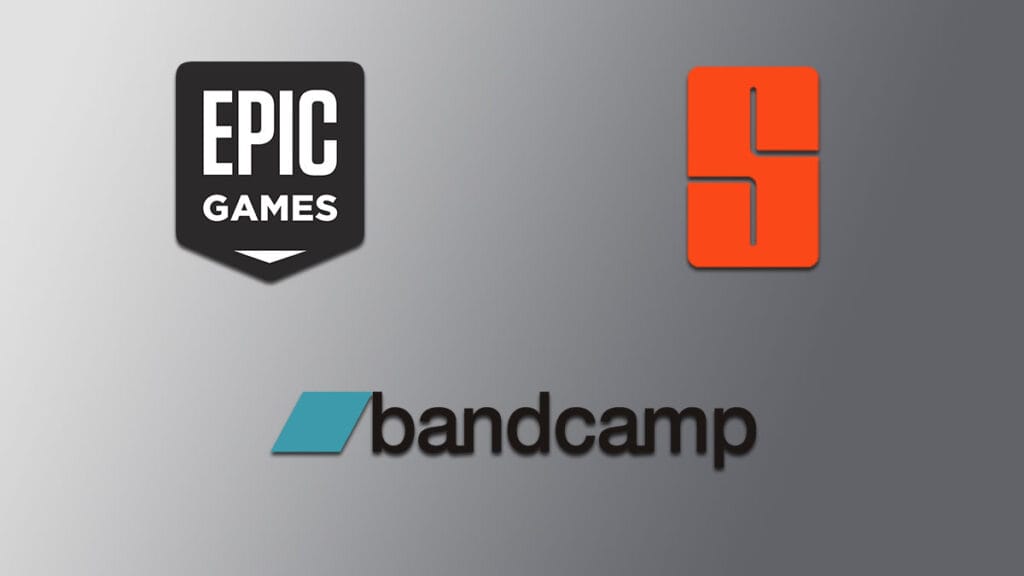 epic games songtradr and bandcamp logos