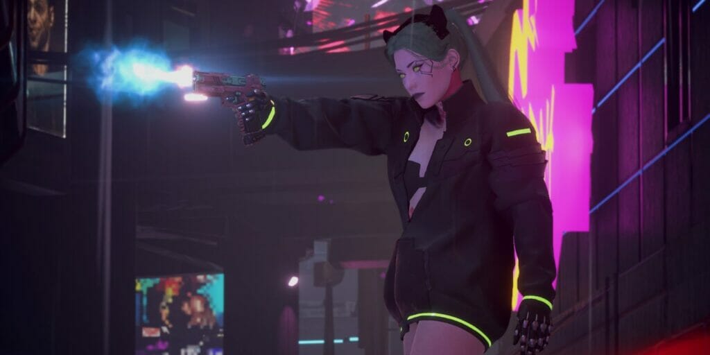 Cyberpunk 2077: character with a pistol