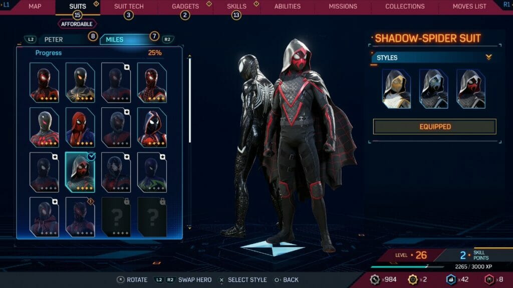 spider-man standing idle at a suit selection menu