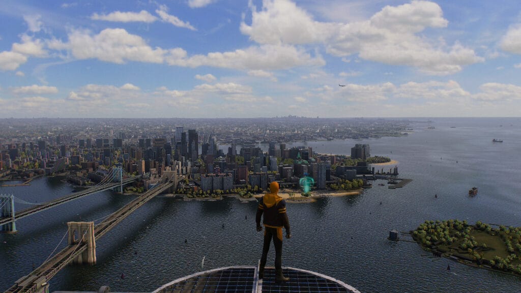 spider-man overlooking new york city in a wolverine costume