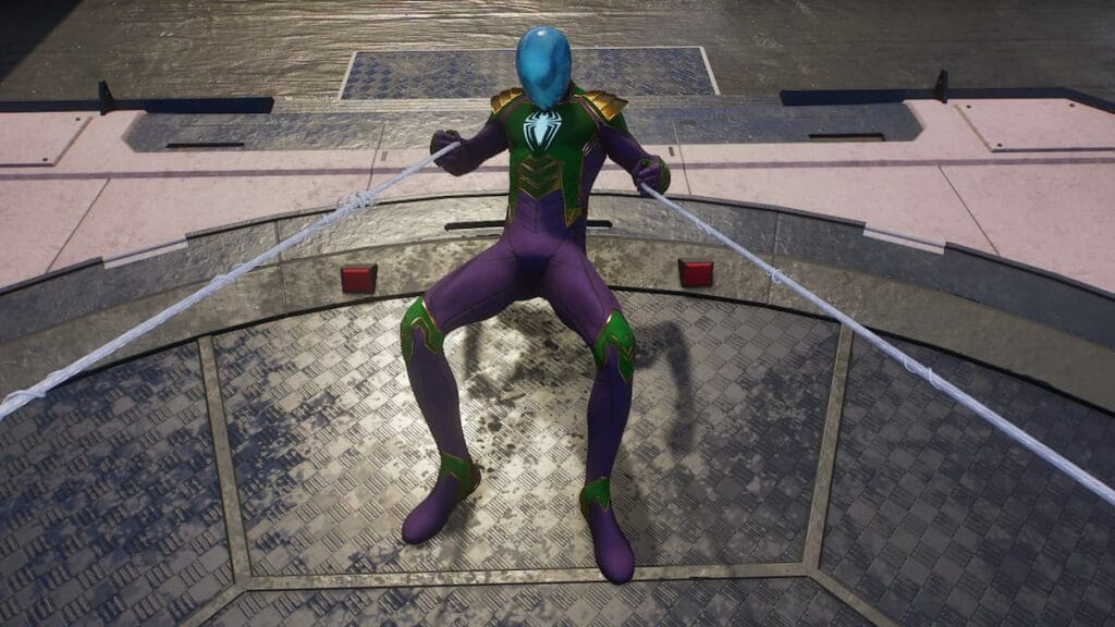 spider-man in mysterio suit slingshot webs