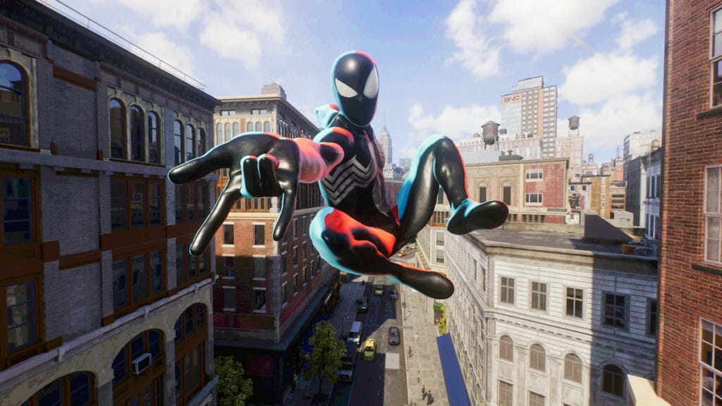 spider-man pointing at the camera in venom colors