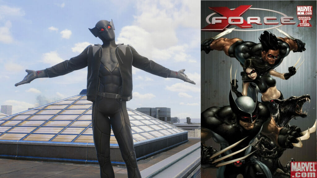 spider-man posing in the black and grey wolverine suit