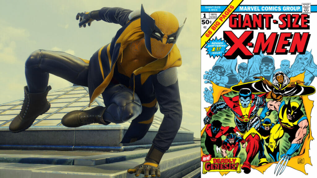 spider-man action pose in the yellow and blue wolverine suit