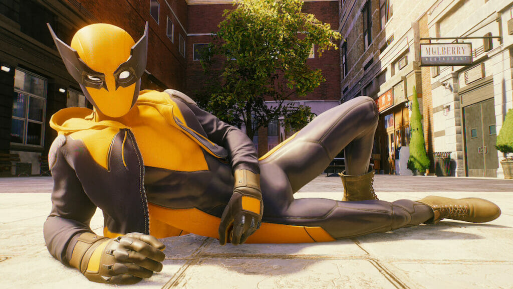 miles morales laying down in a funny pose in a wolverine suit