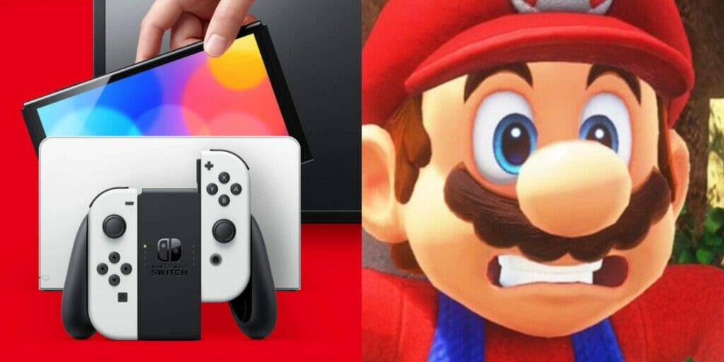 nintendo switch oled and surprised mario