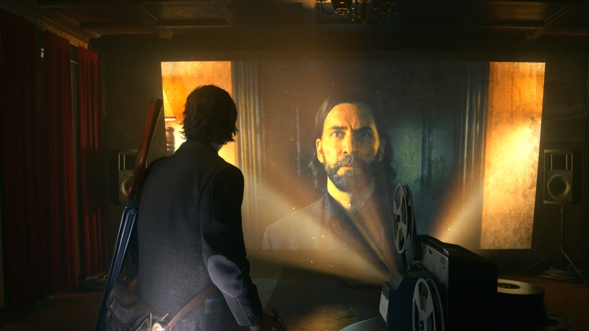 Alan looks at himself in a projector in Alan Wake 2
