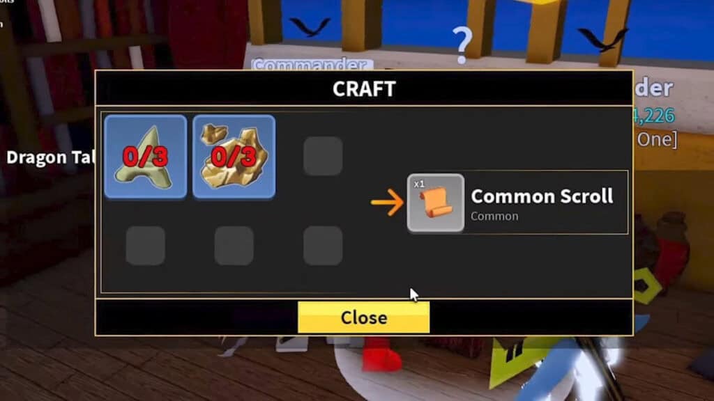 The crafting recipe for a Common Scroll in Blox Fruits