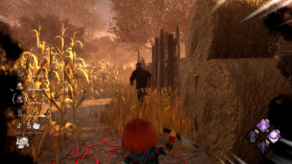 Chucky pursues a survivor in Hidey-Ho Mode in Dead by Daylight