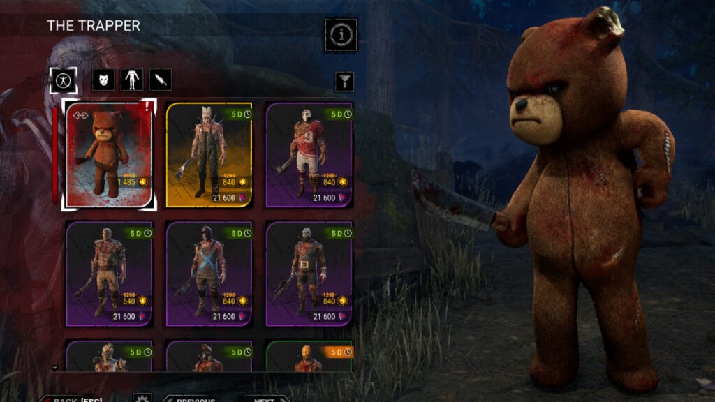 Trapper's cosmetics including Naughty Bear in Dead by Daylight