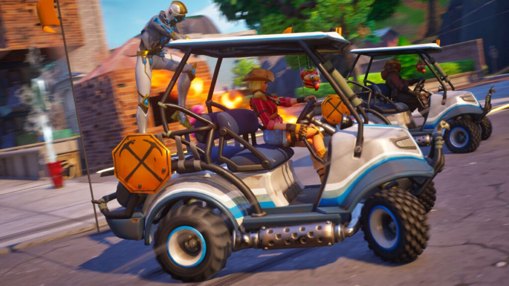 Characters race around in karts in Fortnite
