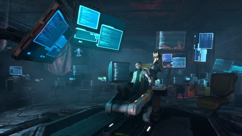 One of Jack's allies surrounded by computers in Ghostrunner 2, a game by One More Level